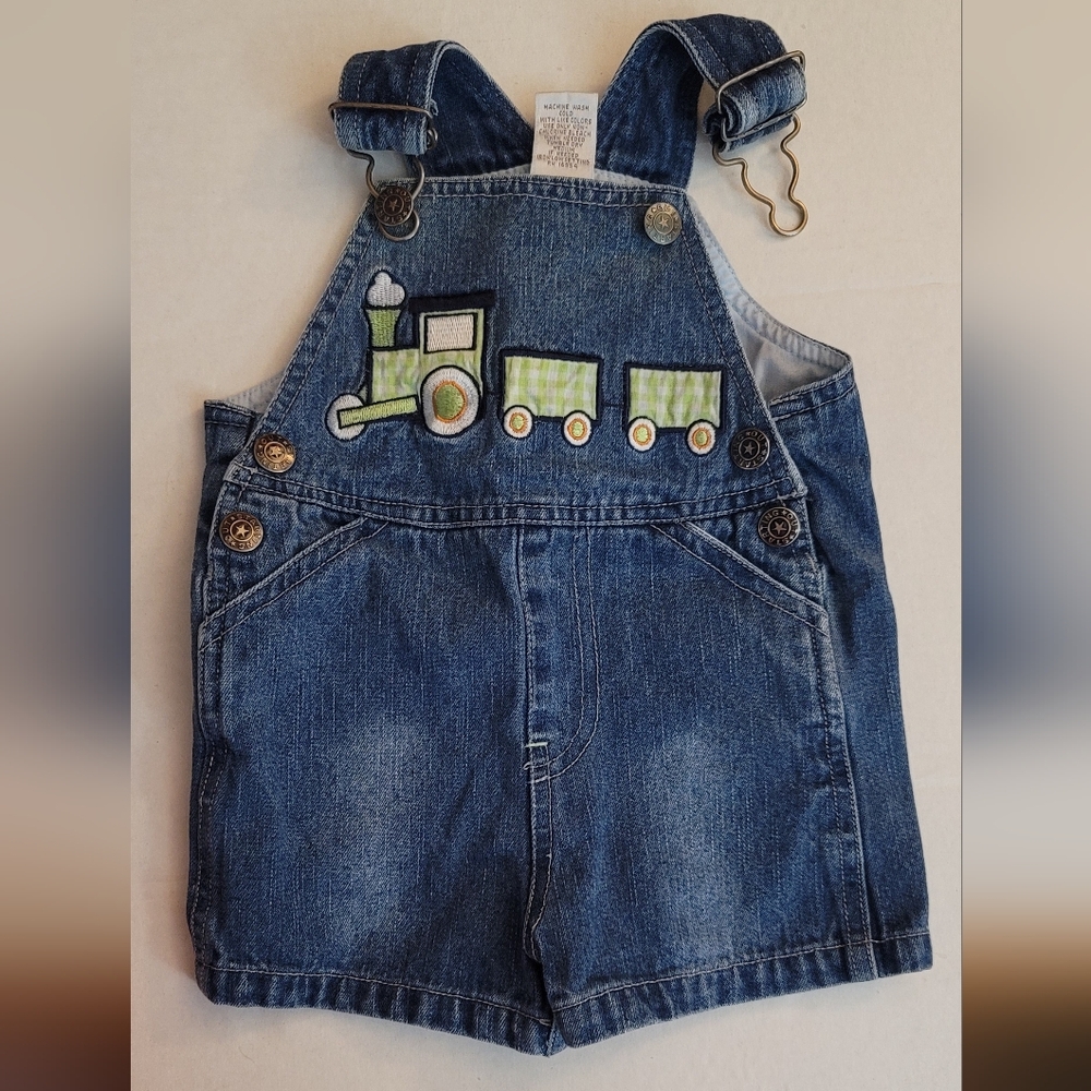 Denim Blue Jean Overalls embroidered Train Design Snaps Coveralls Shorts